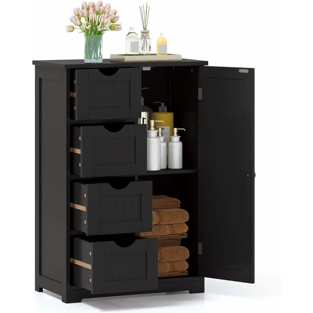Wood Waterproof Bathroom Floor Cabinet with 4 Drawers and 1 Door