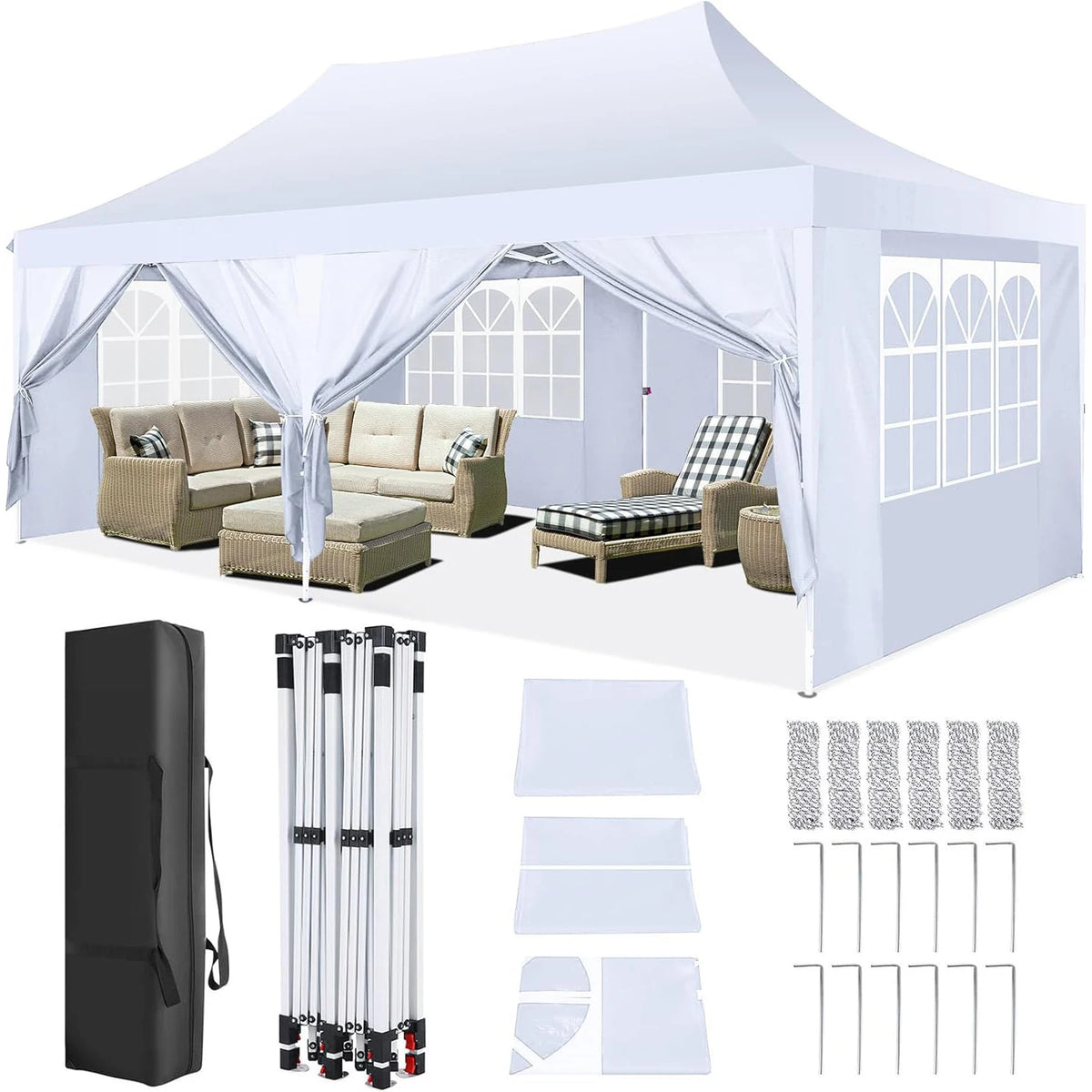 Waterproof 10x20ft Pop Up Canopy Gazebo With 6 Sidewalls and Adjustable Height for Parties