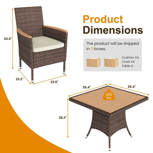 10 Piece Rattan Outdoor Patio Furniture with an Acacia Wood Table for a seating of 8