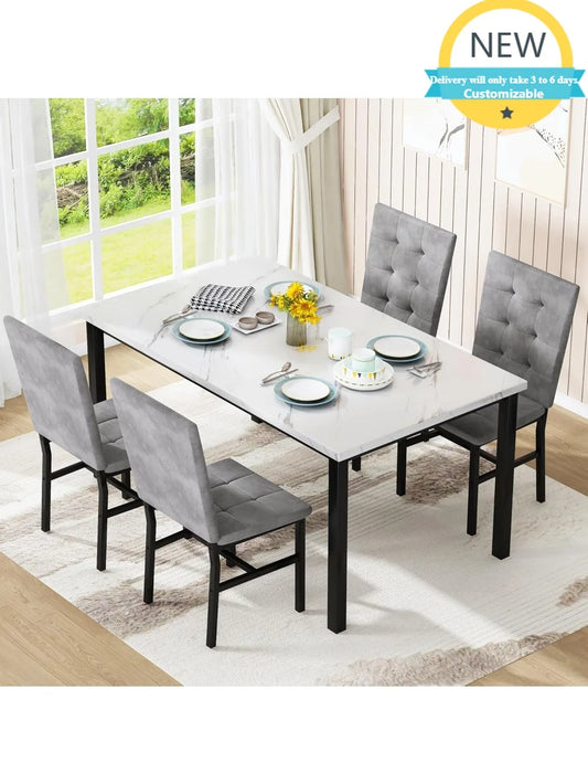 Faux Marble Dining Table Set with 4 Velvet Chairs