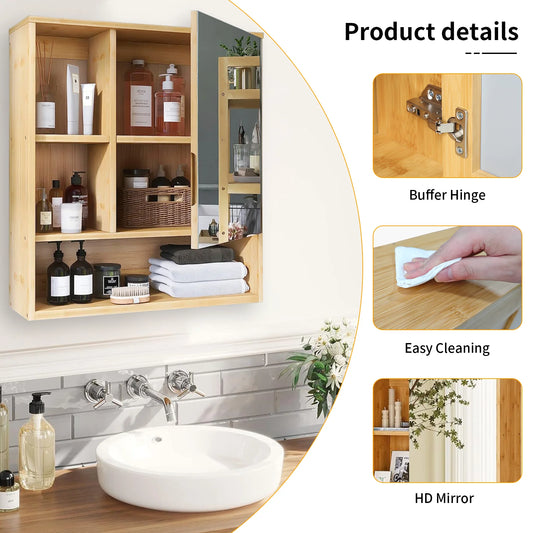 Bamboo Wall Bathroom Cabinet with Mirror and shelves