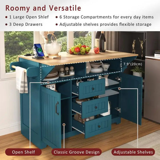 Large Rolling Kitchen Island with 2 Drop Leaves and Power Outlet