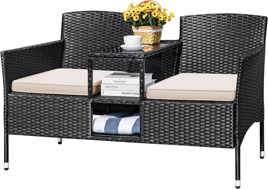 Outdoor Modern Rattan 2-Seat Set with Cushions & Built-in Coffee Table
