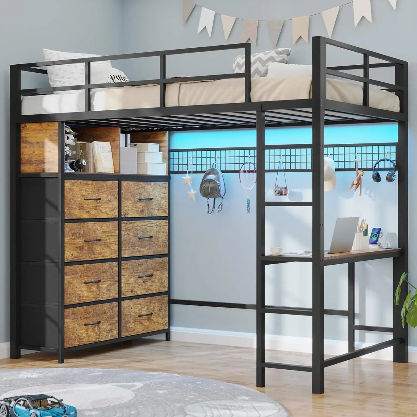 Metal Twin Loft Bed with Desk & 8 Storage Drawers in an attached Tall Dresser