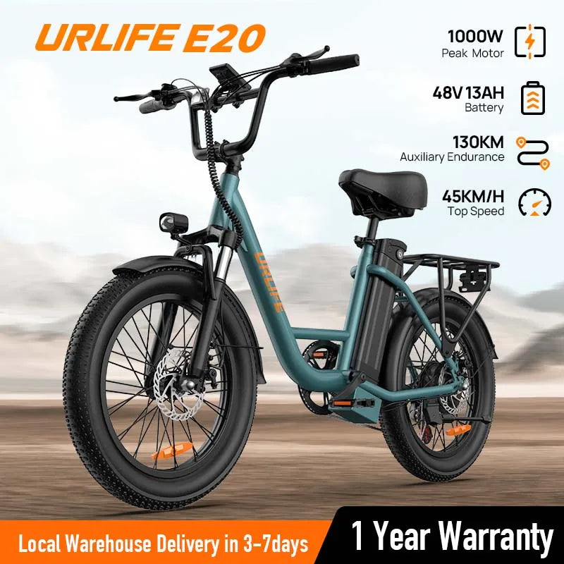 1000W E20 7 Speed Electric Bike with 20" Fat Tires,48V 13Ah Removable Battery, and Dual Disc Brakes