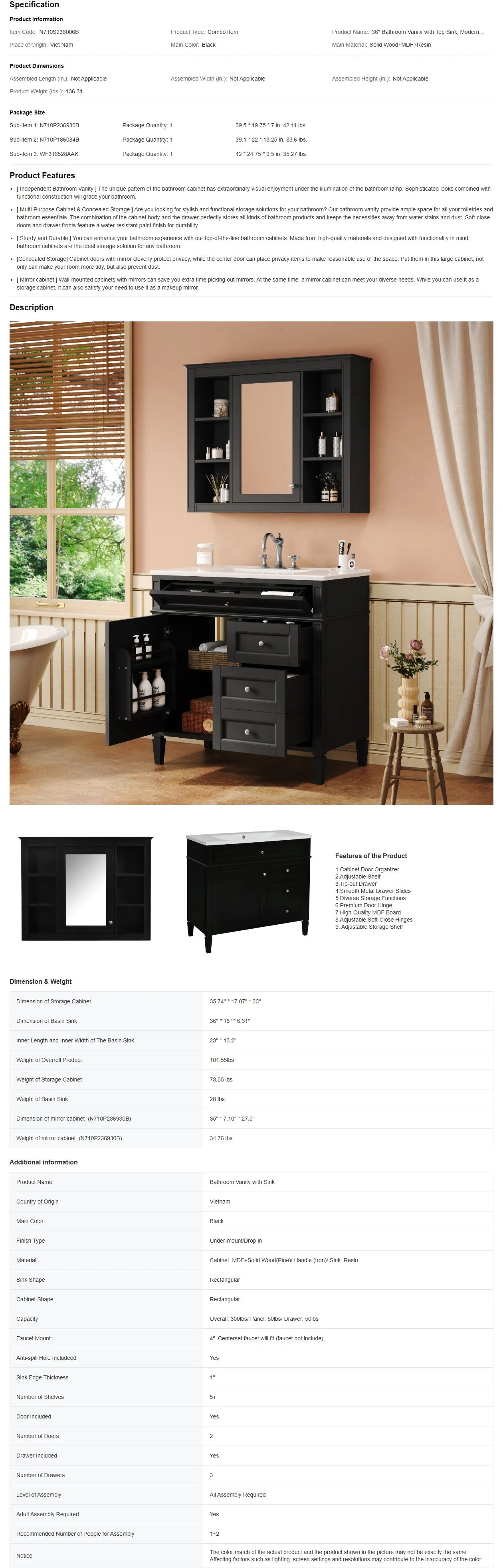 36" Bathroom Vanity with Sink, Modern Storage Cabinet w/ Mirror + Shelves