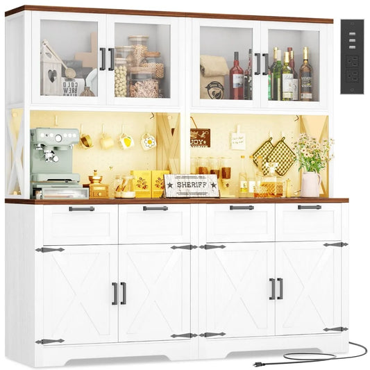 71"Tall Wood Kitchen Pantry Cabinet with LED Light and Power Outlet