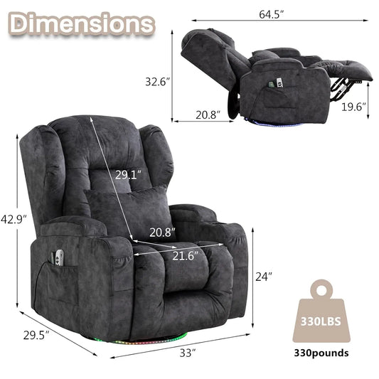 Rocker Recliner Chair with 270° Swivel capability plus heat and massage for your downtime!