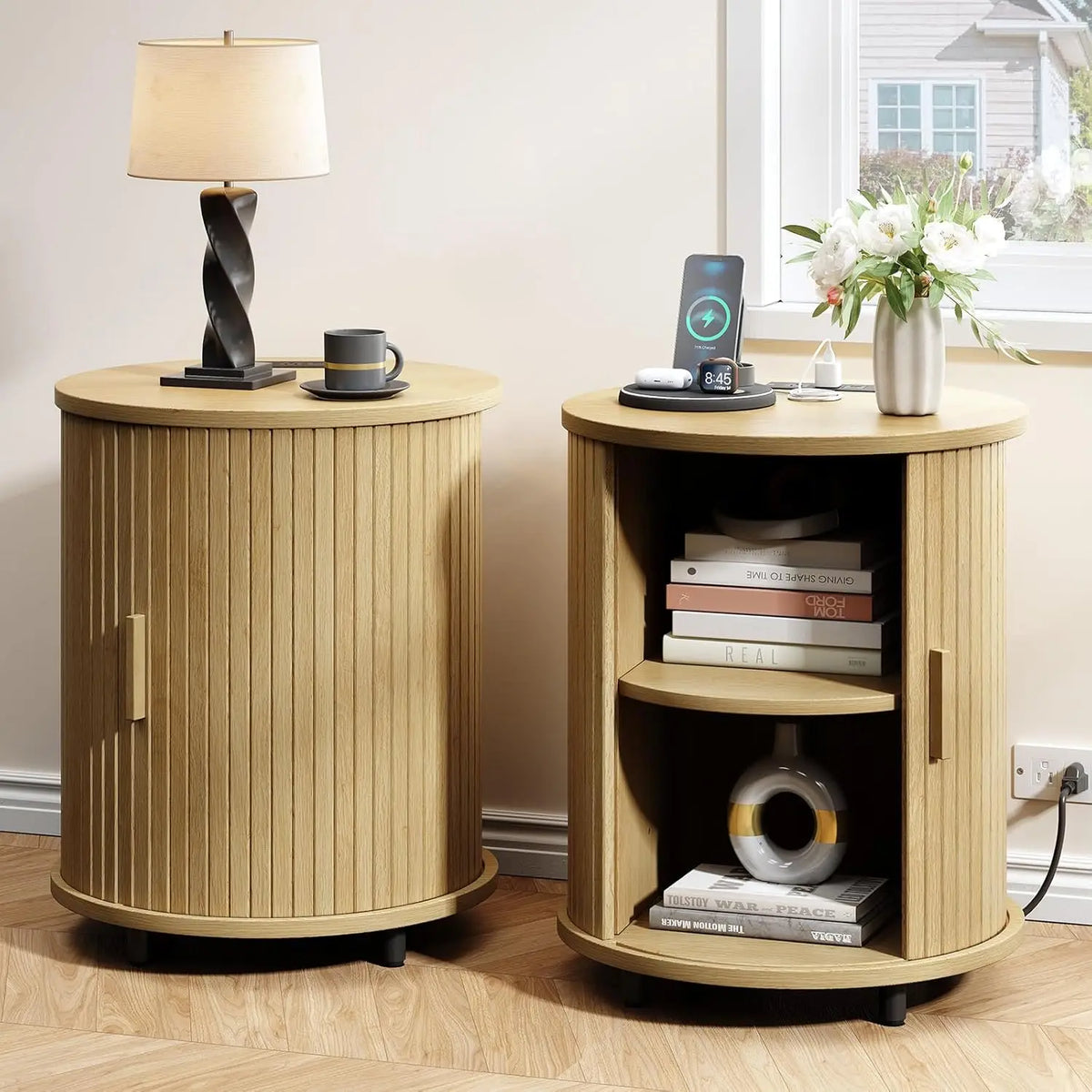 Fluted Round Nightstand with Charging Station for your Bedroom