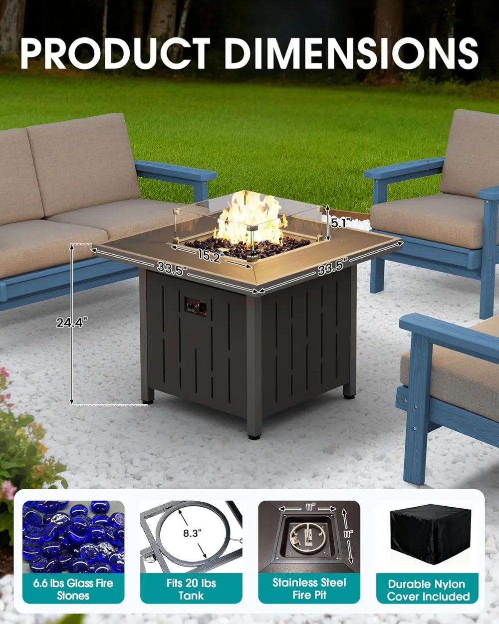 33" BTU 50,000 Outdoor Propane Fire Pit Table with Lid and Glass Wind Guard