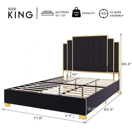 Upholstered Gold Trimmed Headboard and Platform Frame for a King size Bed