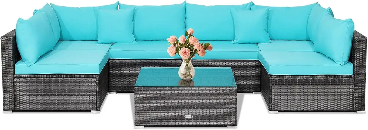 All-Weather Outdoor 7 Piece Rattan Sectional Sofa Set with Cushions and Tempered Glass Coffee Table