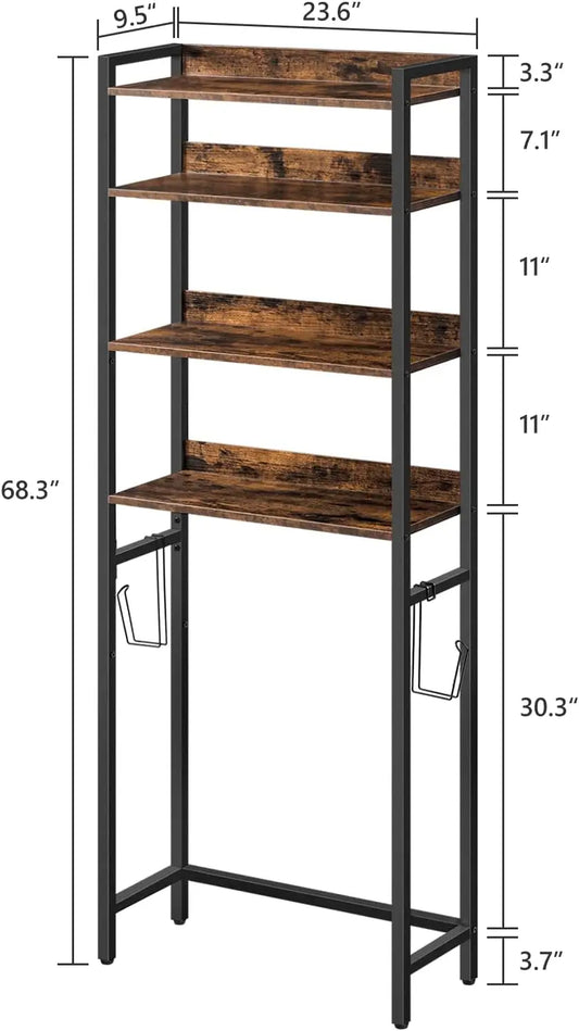 Space-saving 4-Tier Storage Rack with Hooks in rustic brown