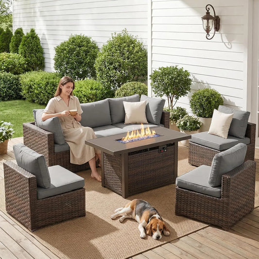 7-Piece Rattan Patio Furniture Set with 44" Fire Pit/Table