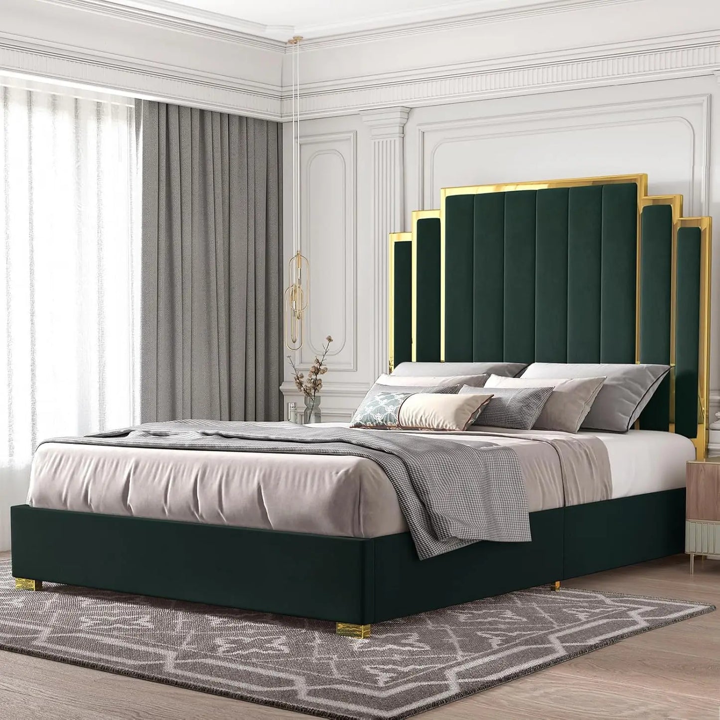 Upholstered Gold Trimmed Headboard and Platform Frame for a King size Bed