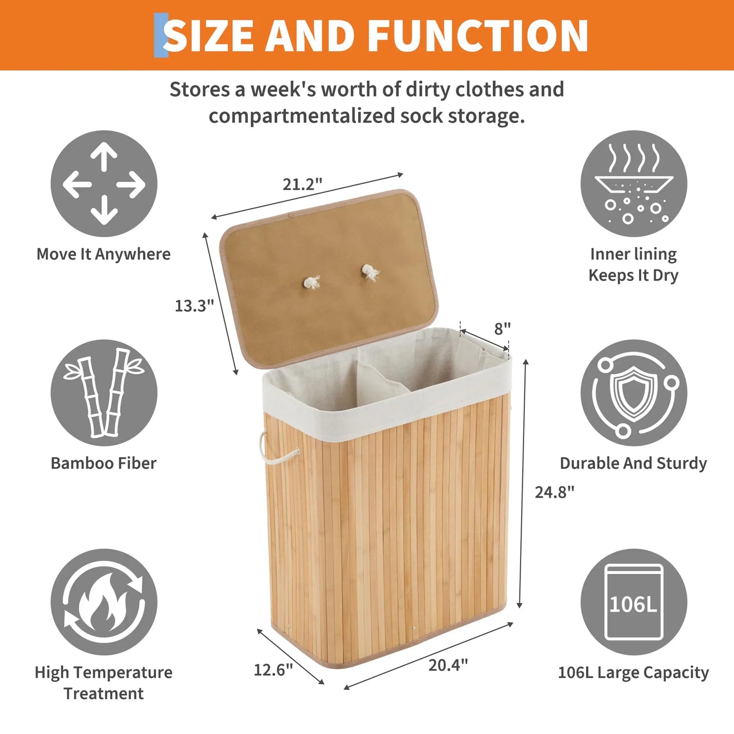 Foldable Large Bamboo Laundry Hamper with Removable 4-Section Liner