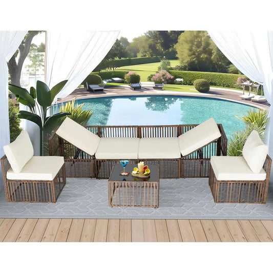 7-Piece Brown/Beige Wicker Sectional Patio Set