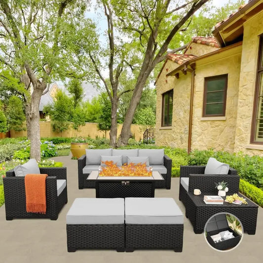 Rattan Patio Furniture Set with 45 In Fireplace and ottoman with storage
