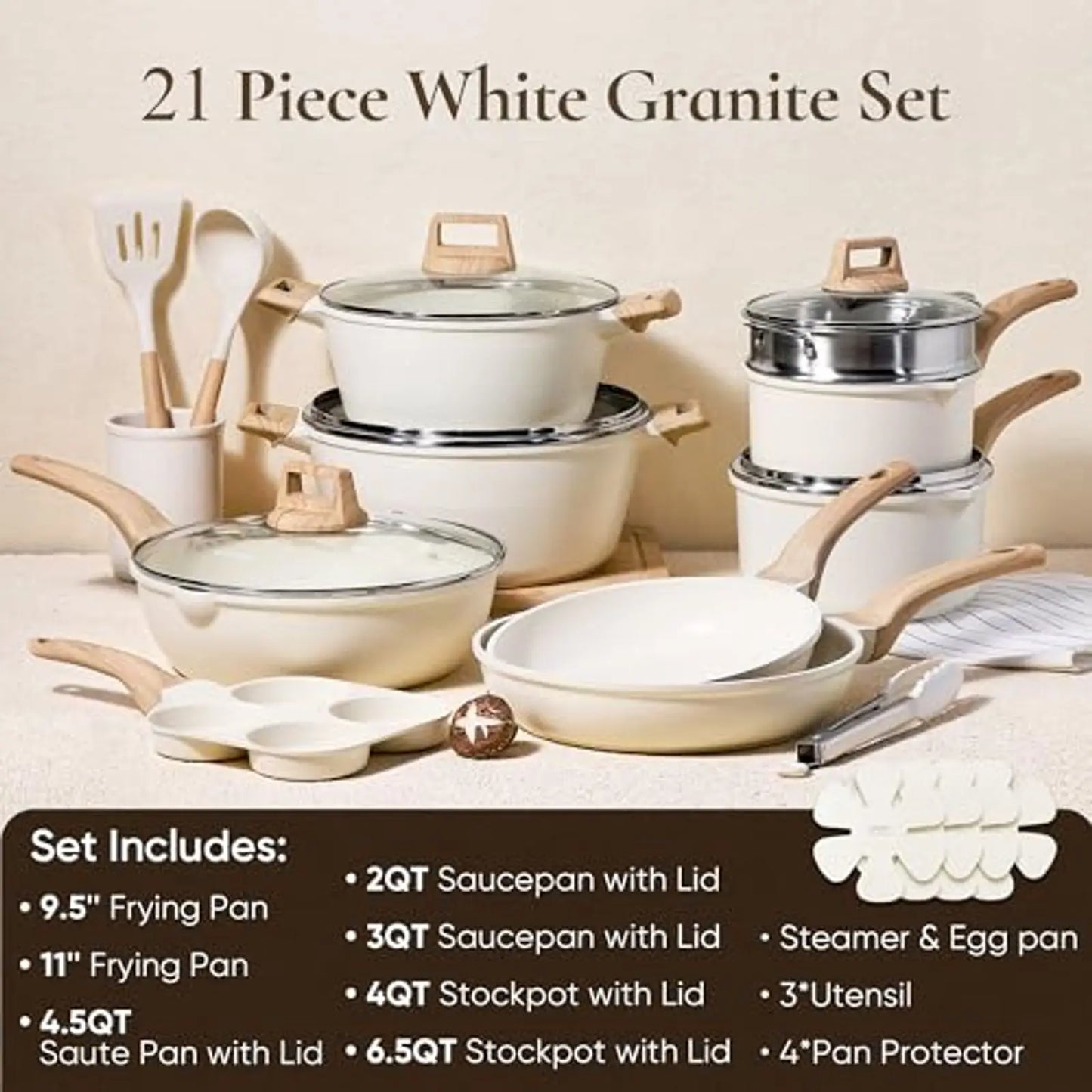 21Pc White Granite Nonstick Cookware Set