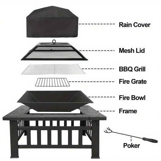 32" Metal Square Fire Pit, ice box, barbecue for your outdoor space