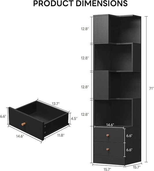 70.87" Tall Corner Bookshelf with Drawers for your Living Room, Bedroom or Office