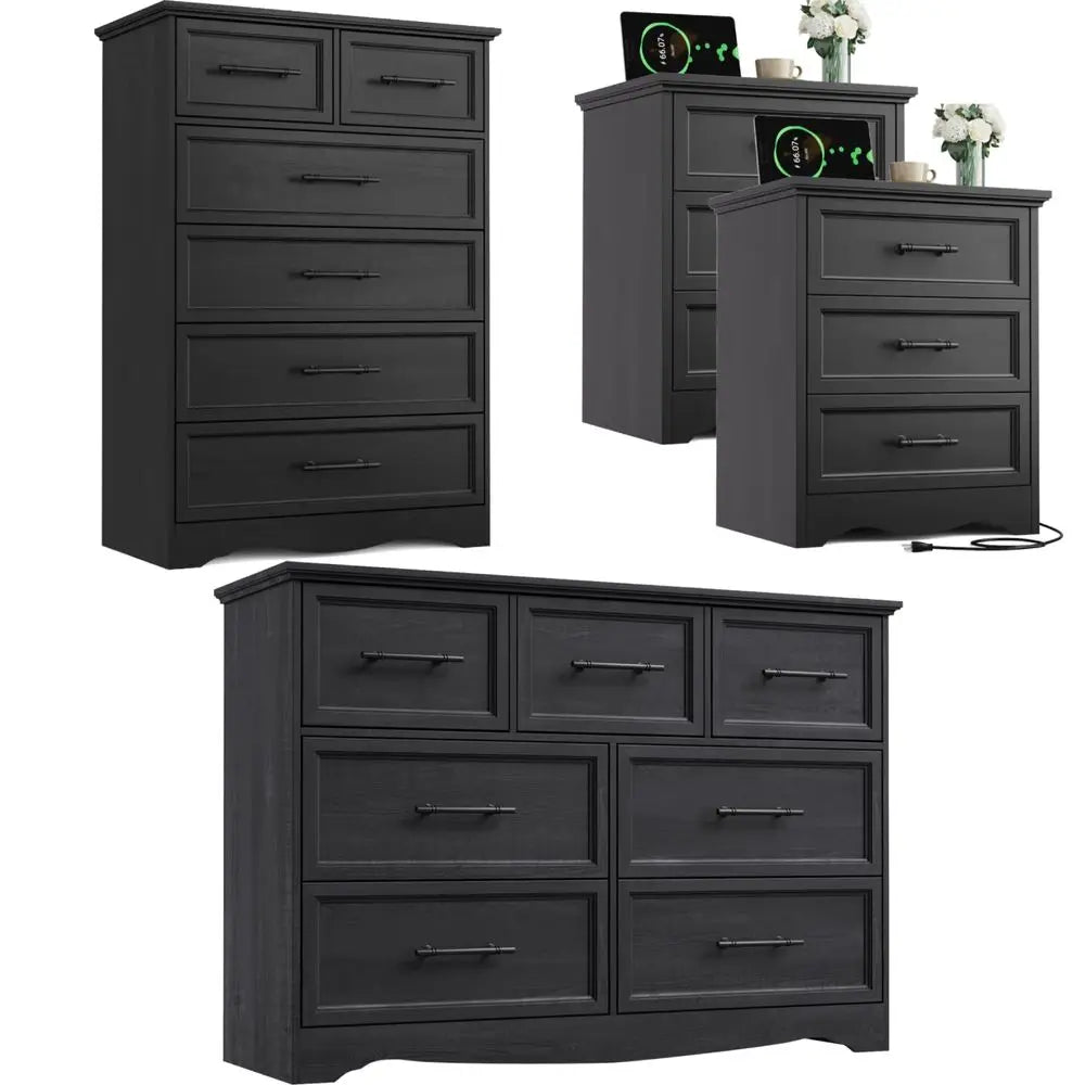 4 Piece Bedroom Furniture Set with 7 Drawer Dresser,6 Drawer Tall Dresser, 2-3 Drawer Nightstands with a Charging Station