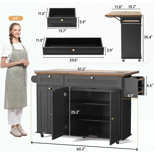 60-inch Kitchen Island with Power Outlet & Drop Leaf