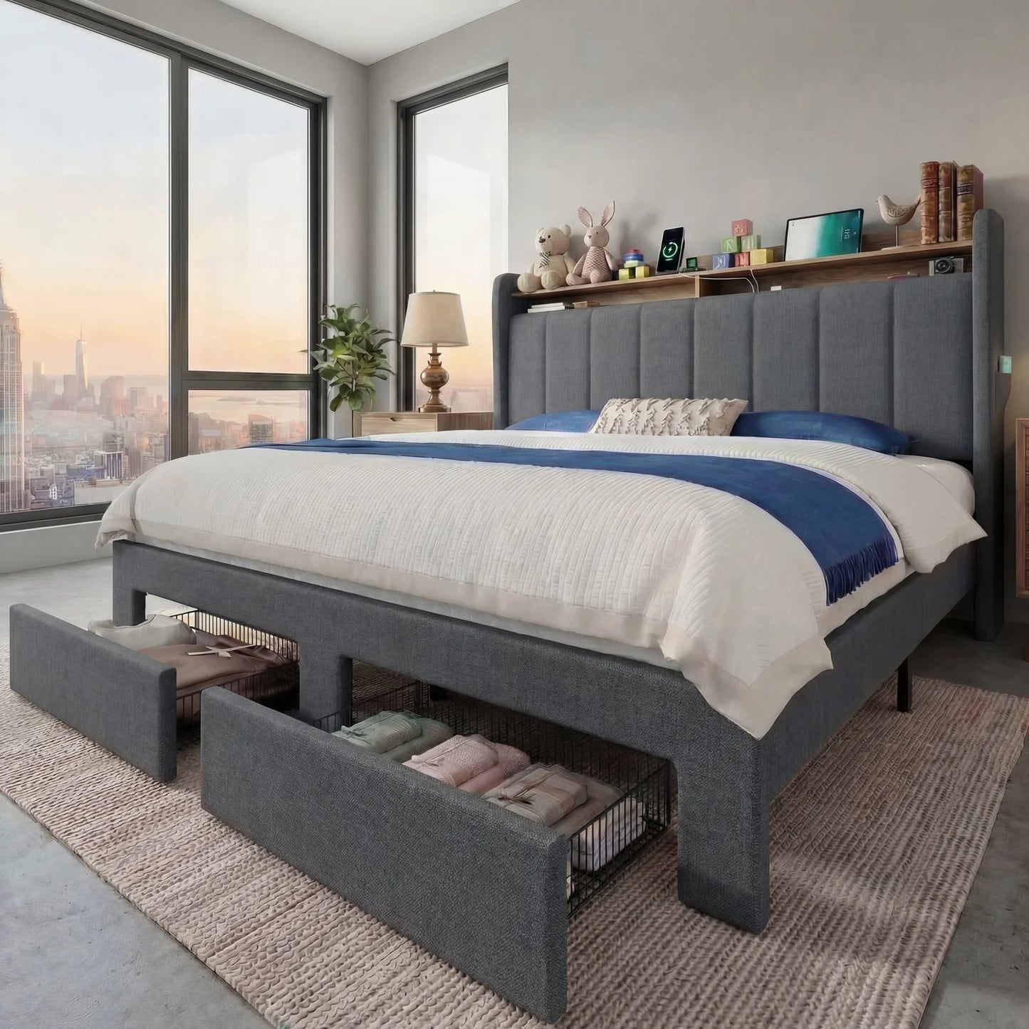 Velvet Full/Queen/King Bed Frame with 2 Storage Drawers,2-Tier Shelves with adjustable LED Light, and Charging Station