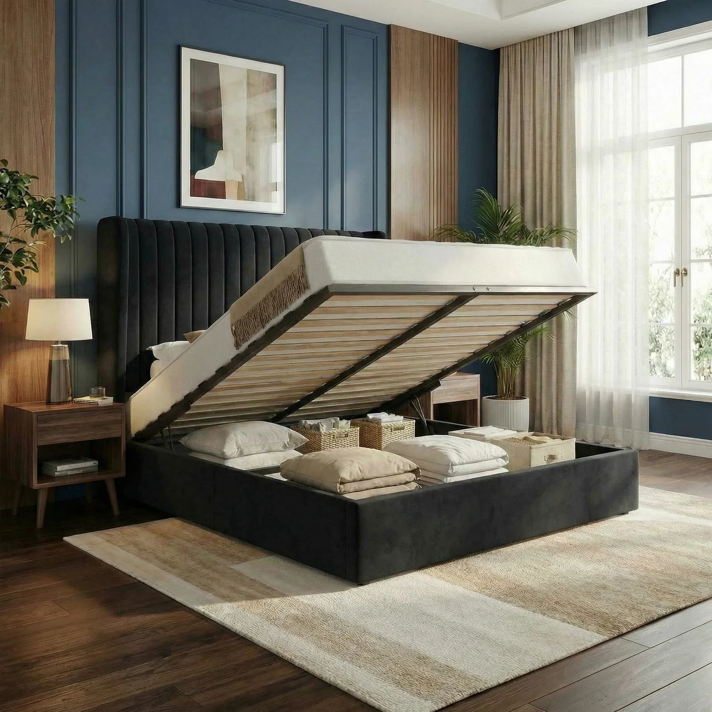 Upholstered Velvet Platform Full, Queen, or King Bed Frame with Hydraulic Driven Lift Up Storage