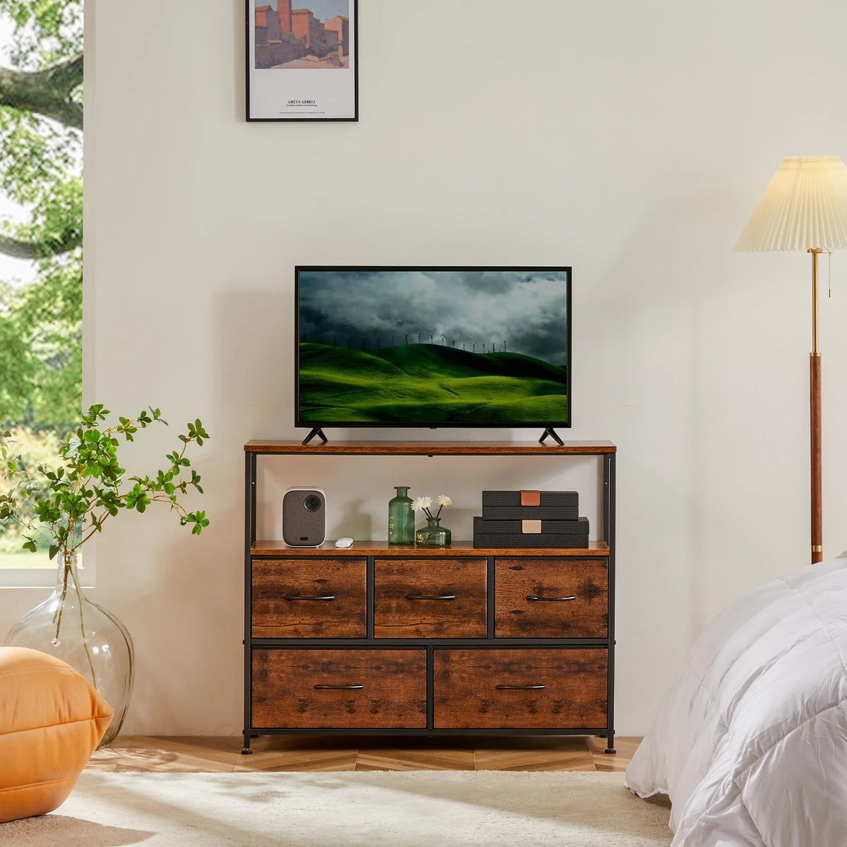 TV Stand with 5 Fabric Drawers for Storage