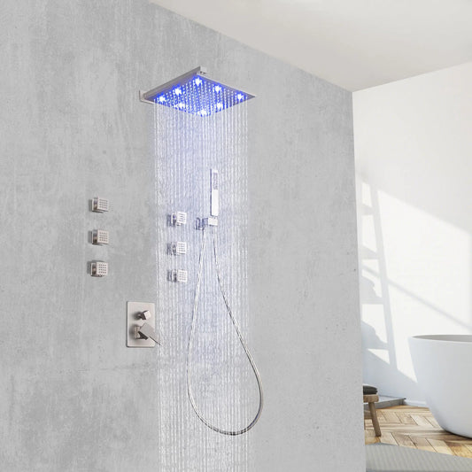 12 Inch LED Rain Shower with 6 Full adjustable Body Jets and a separate Handheld Sprayer