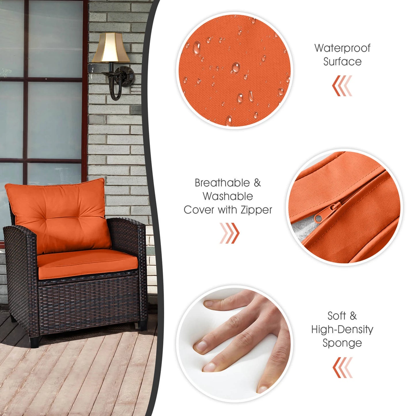 3 Piece Cushioned Rattan Furniture Set with small glass table