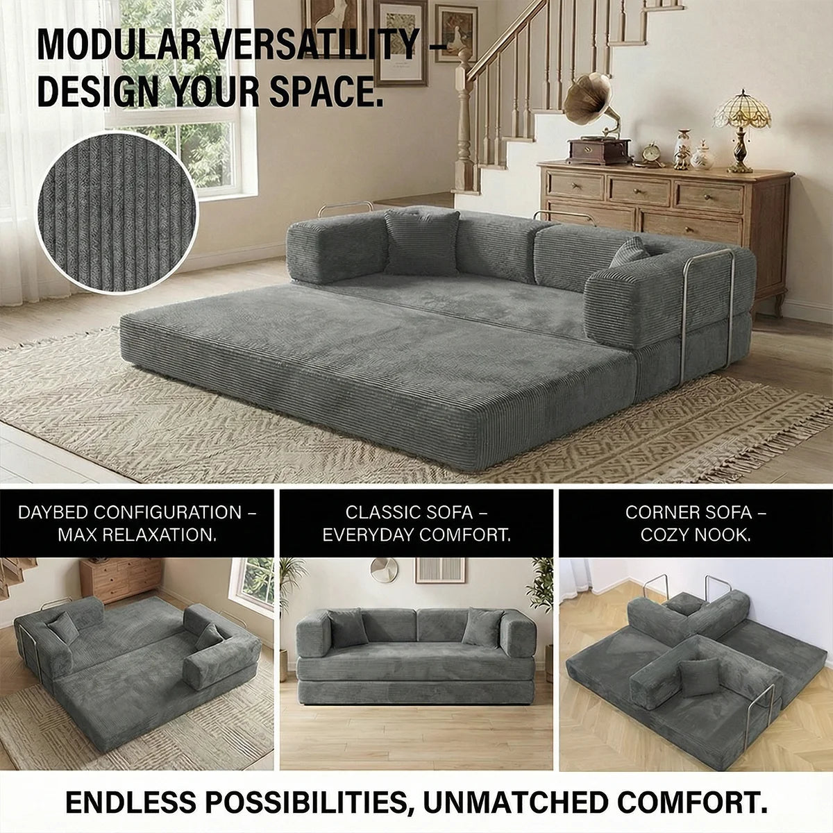 4-in-1 Folding Corduroy Boneless Sleeper Couch