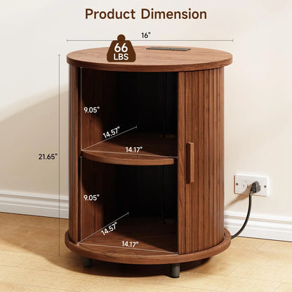 Fluted Round Nightstand with Charging Station for your Bedroom