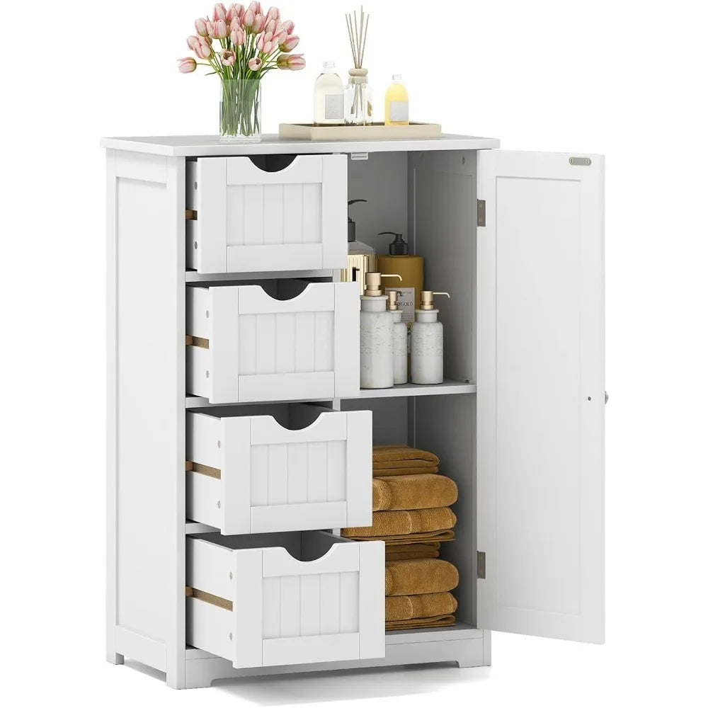 Wood Waterproof Bathroom Floor Cabinet with 4 Drawers and 1 Door