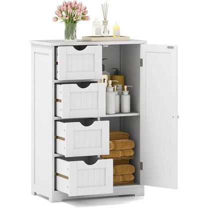 Wood Waterproof Bathroom Floor Cabinet with 4 Drawers and 1 Door