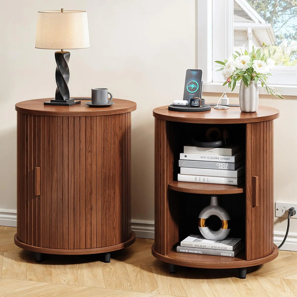 Fluted Round Nightstand with Charging Station for your Bedroom