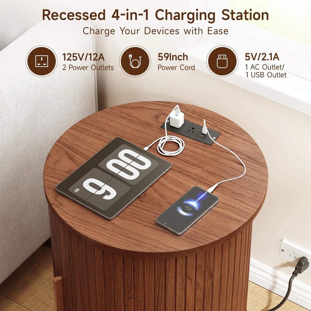 Fluted Round Nightstand with Charging Station for your Bedroom