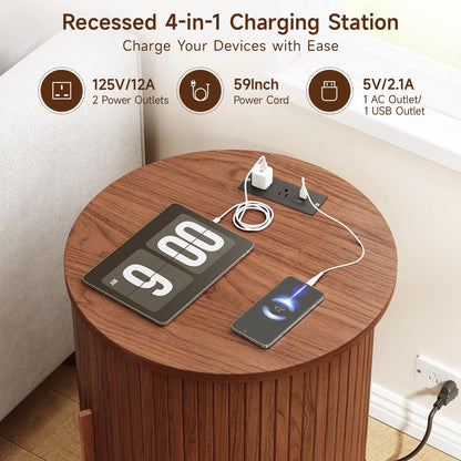 Fluted Round Nightstand with Charging Station for your Bedroom