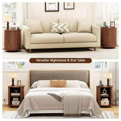 Fluted Round Nightstand with Charging Station for your Bedroom