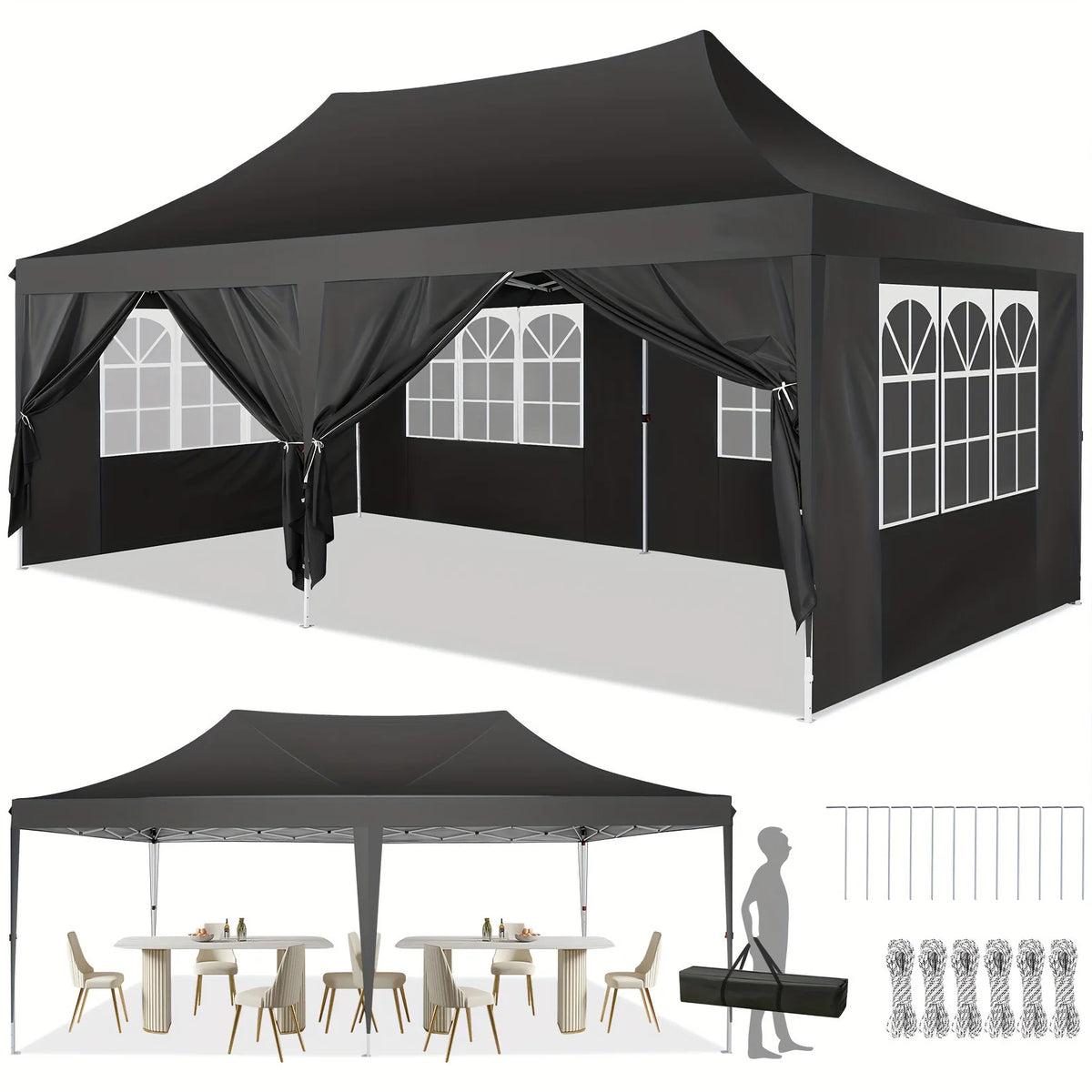 Waterproof 10x20ft Pop Up Canopy Gazebo With 6 Sidewalls and Adjustable Height for Parties