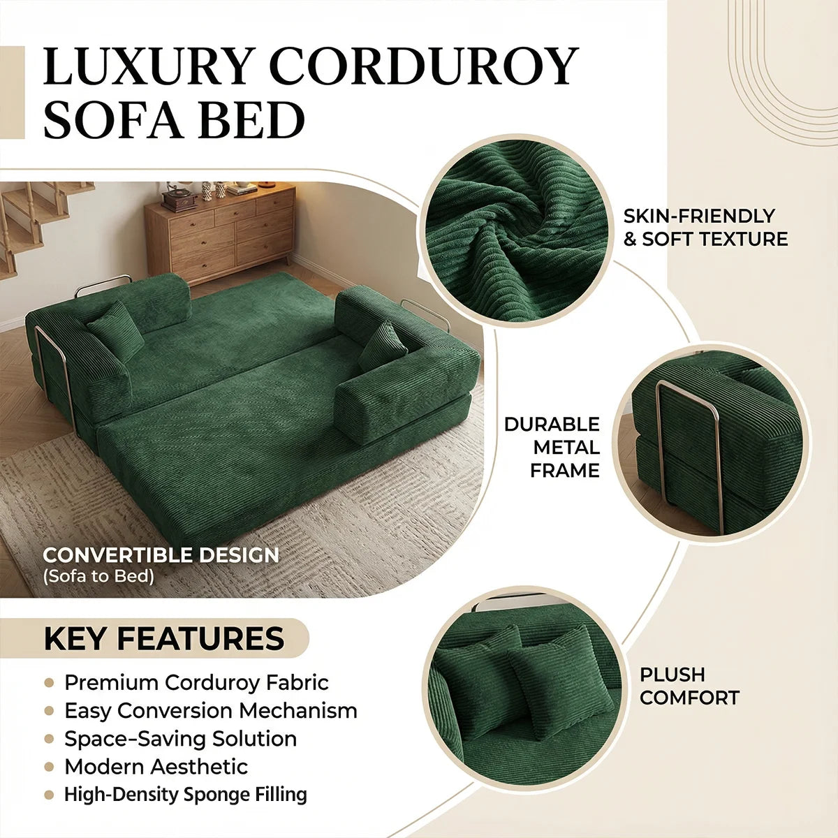 4-in-1 Folding Corduroy Boneless Sleeper Couch