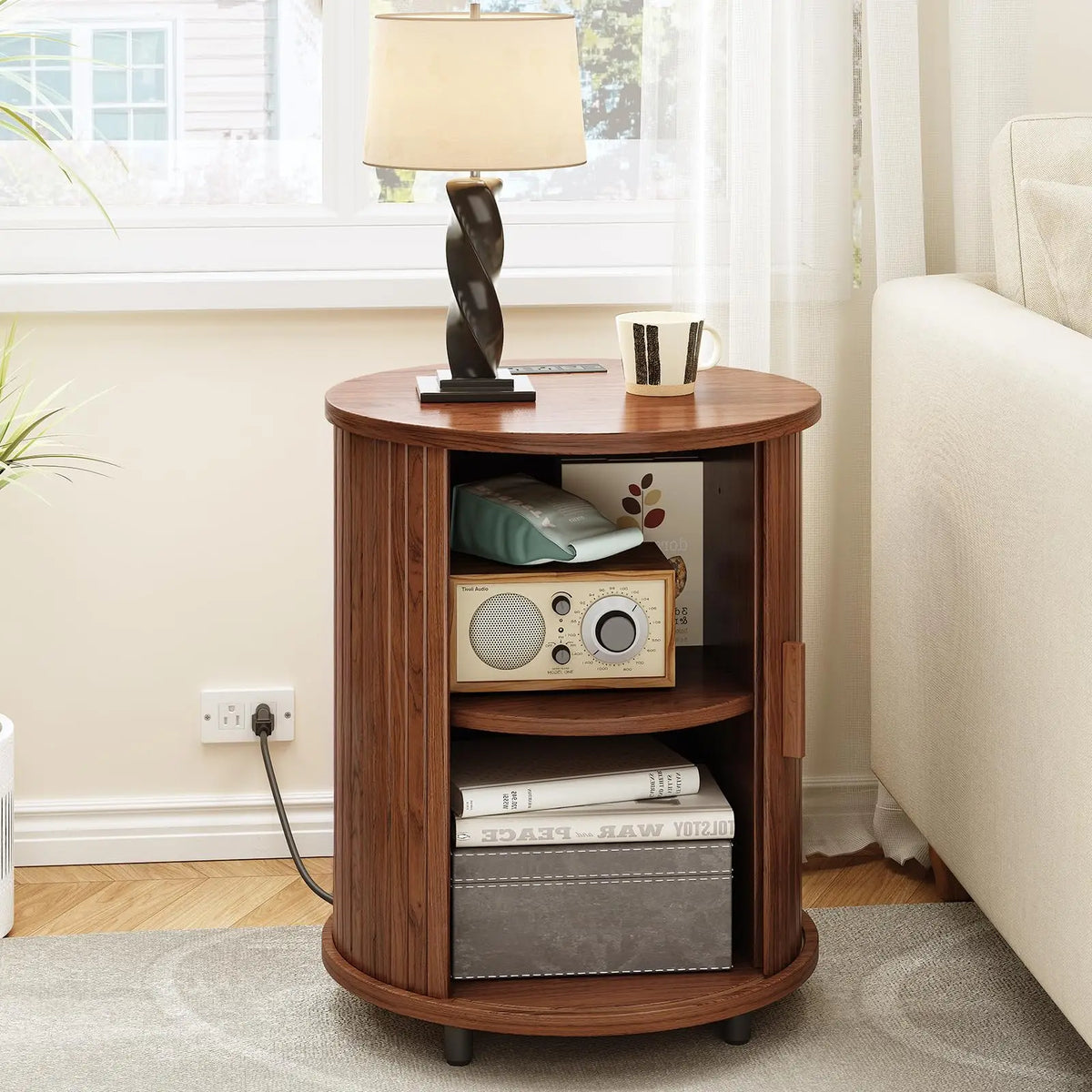 Fluted Round Nightstand with Charging Station for your Bedroom