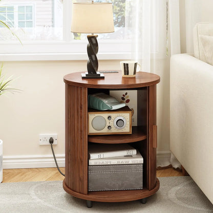 Fluted Round Nightstand with Charging Station for your Bedroom