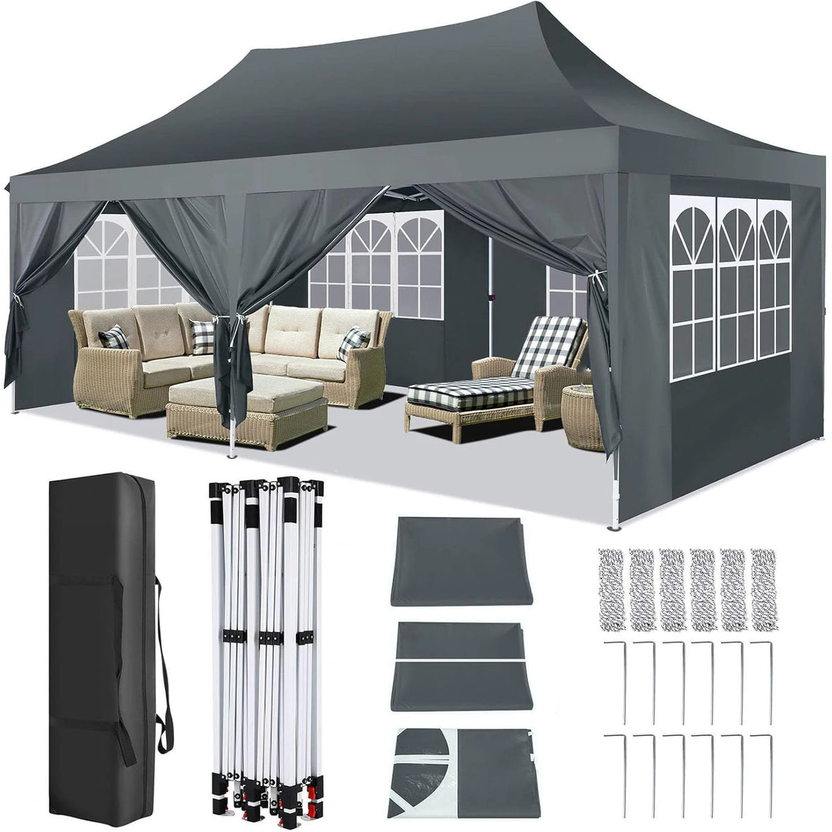 Waterproof 10x20ft Pop Up Canopy Gazebo With 6 Sidewalls and Adjustable Height for Parties