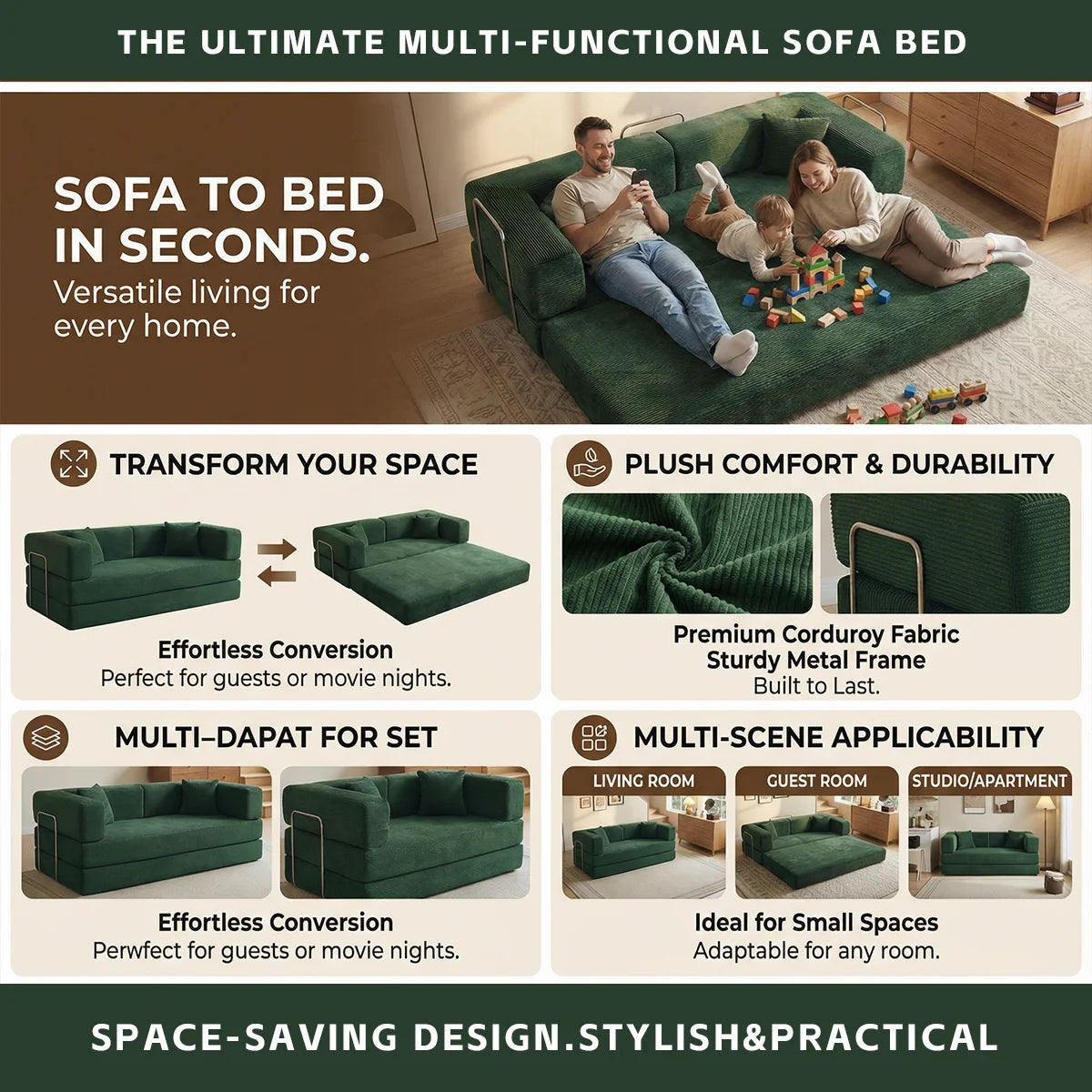 4-in-1 Folding Corduroy Boneless Sleeper Couch