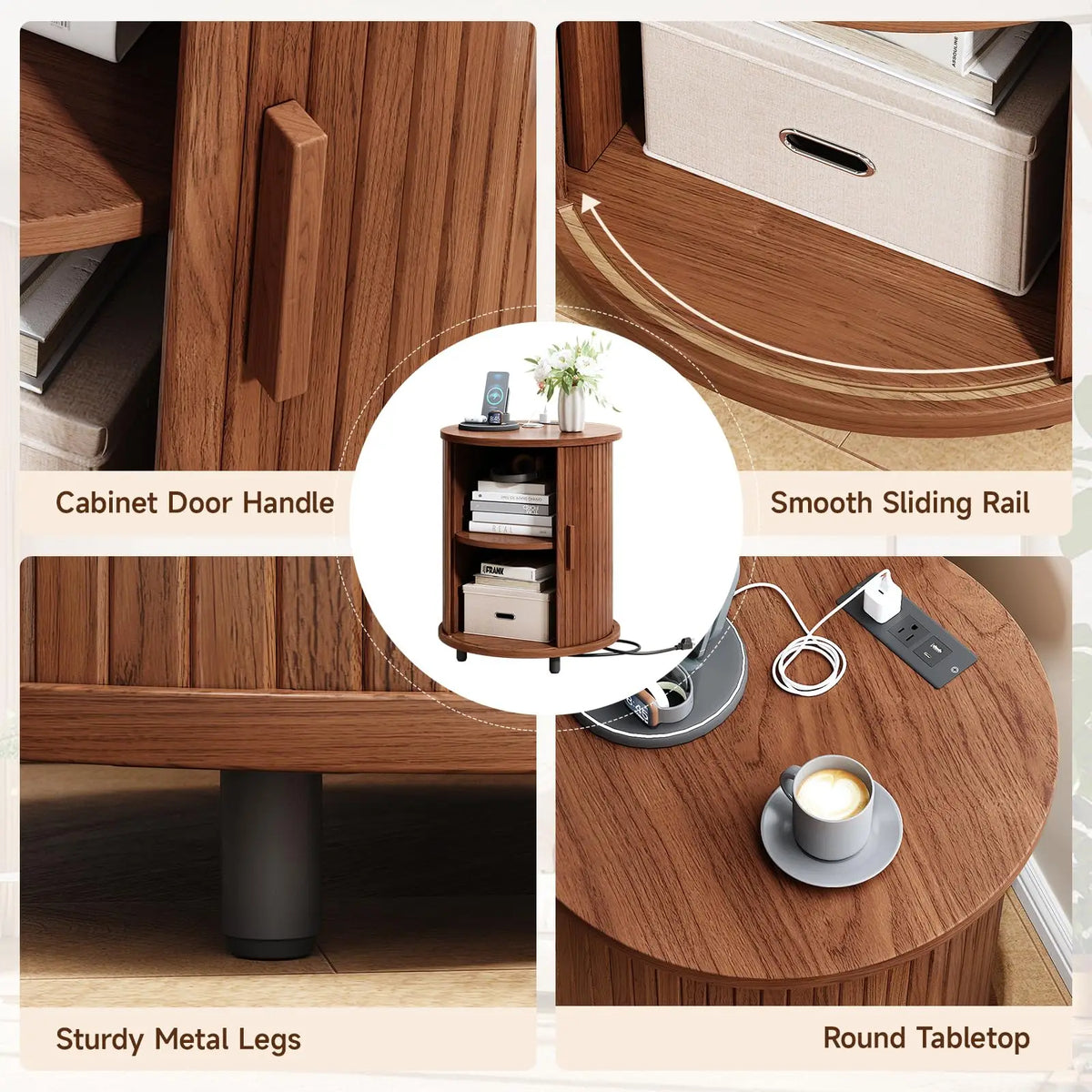 Fluted Round Nightstand with Charging Station for your Bedroom