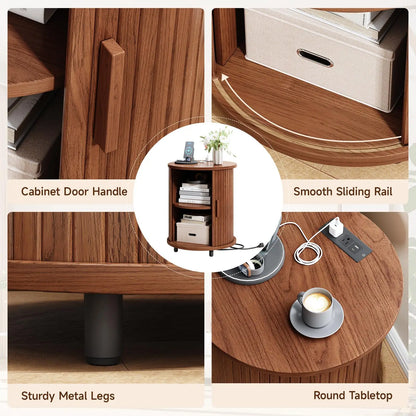 Fluted Round Nightstand with Charging Station for your Bedroom