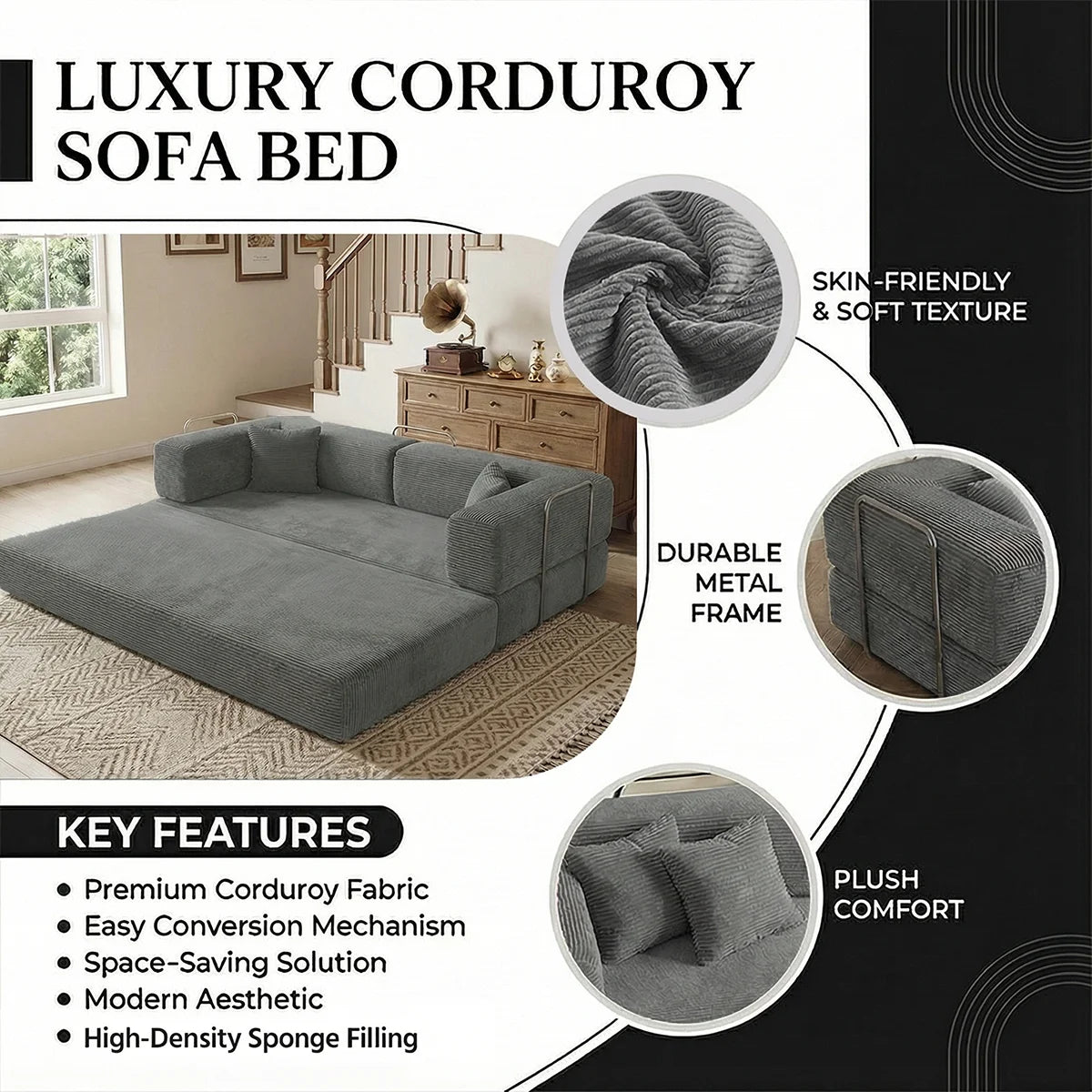 4-in-1 Folding Corduroy Boneless Sleeper Couch