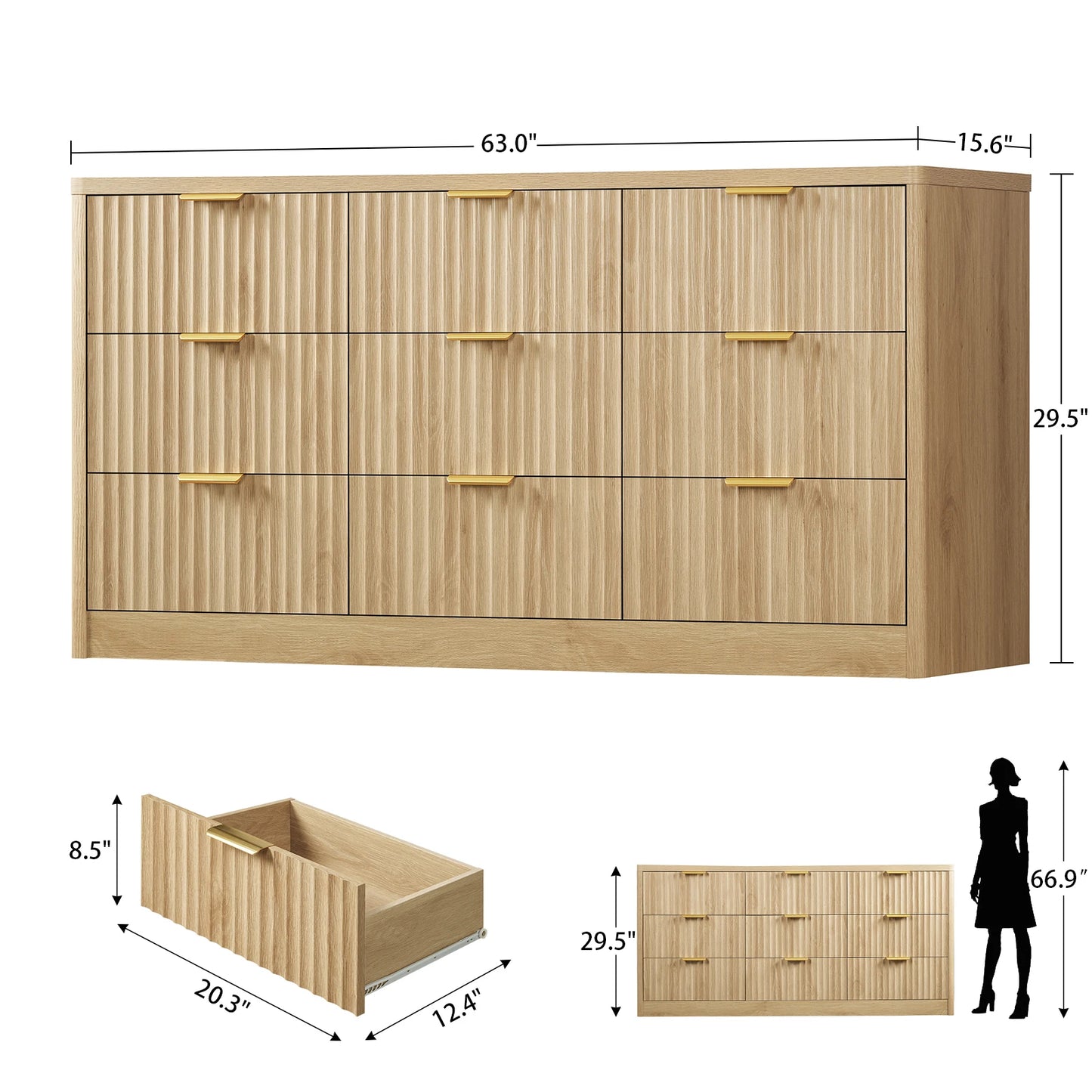 Modern Fluted Dresser with 9 Drawers